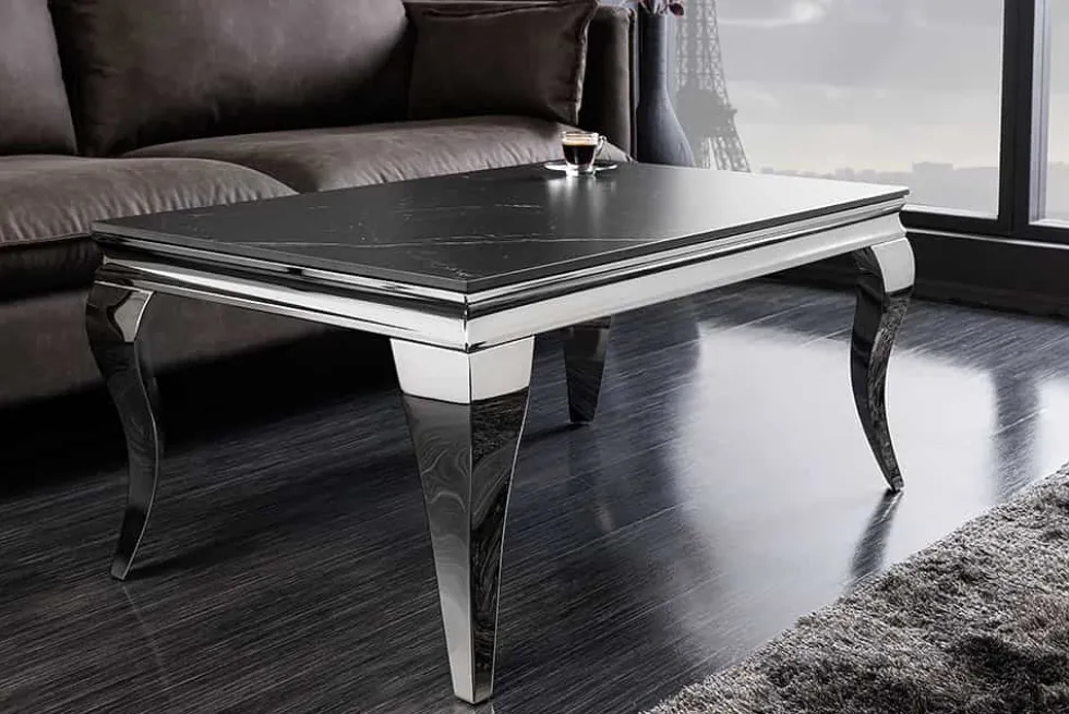 Design Couchtisch MODERN BAROCK 100cm schwarz anthrazit chrom Keramik Marmor
