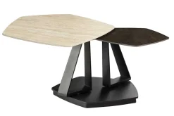 Design Couchtisch MOVEMENT rost Pentagon drehbar Travertin Keramik schwarz Metall