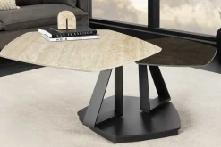 Design Couchtisch MOVEMENT rost Pentagon drehbar Travertin Keramik schwarz Metall