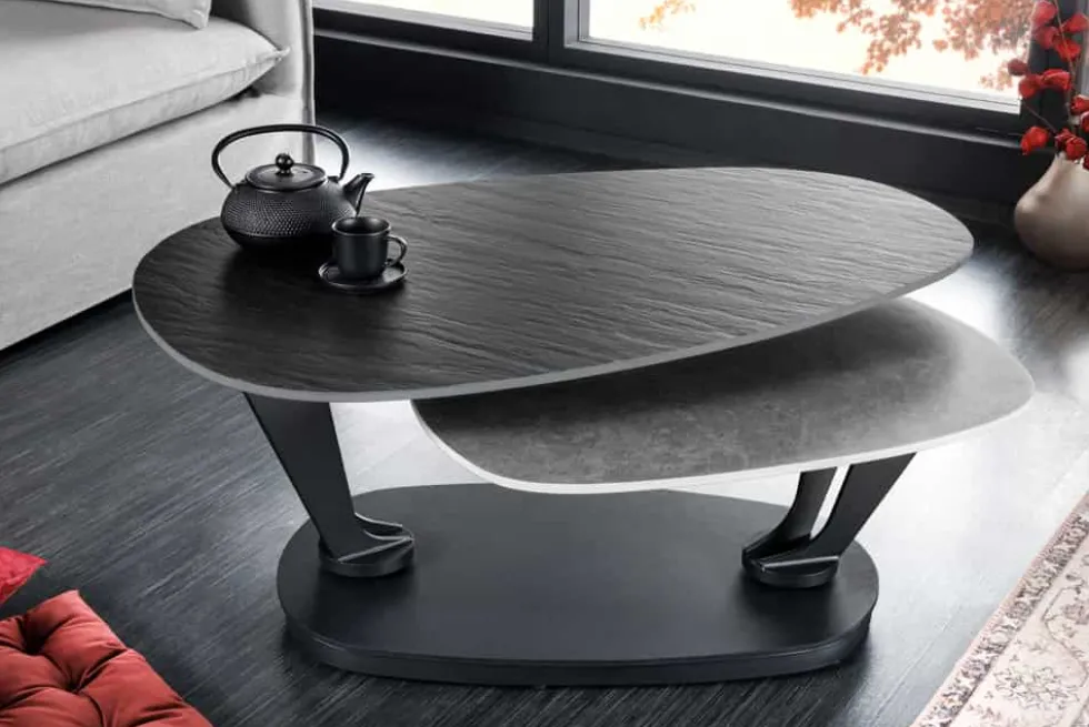 Design Couchtisch MOVEMENT schwarz grau rund drehbar Keramik Metallgestell
