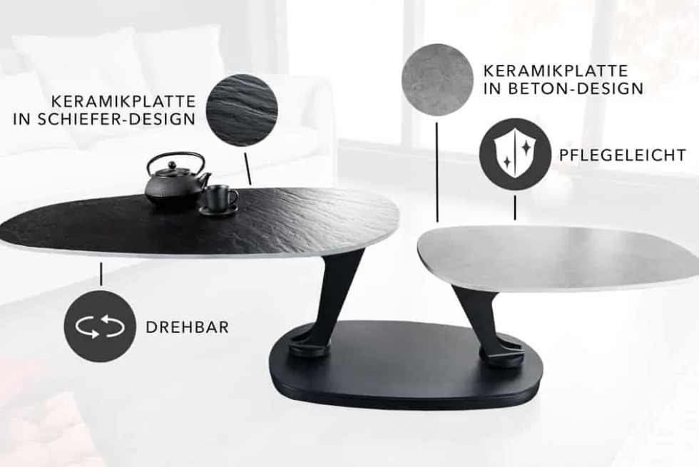 Design Couchtisch MOVEMENT schwarz grau rund drehbar Keramik Metallgestell