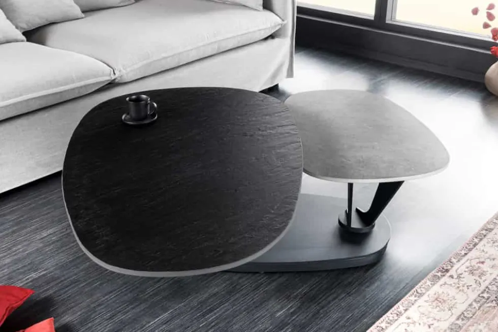 Design Couchtisch MOVEMENT schwarz grau rund drehbar Keramik Metallgestell