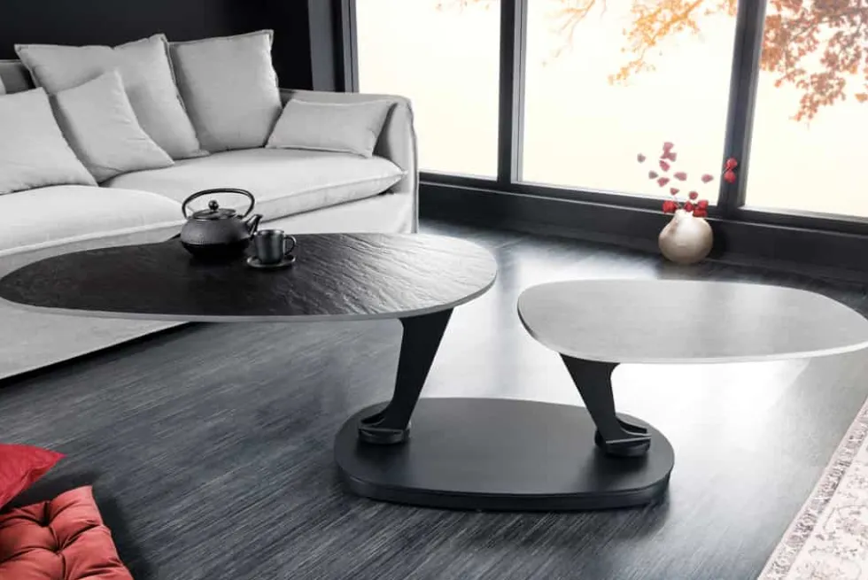 Design Couchtisch MOVEMENT schwarz grau rund drehbar Keramik Metallgestell