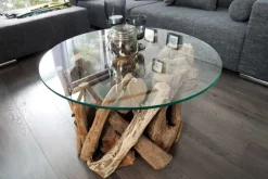 Design Couchtisch NATURE LOUNGE 60cm Teakholz mit runder Glasplatte Beistelltisch