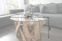 Design Couchtisch NATURE LOUNGE 60cm Teakholz mit runder Glasplatte Beistelltisch