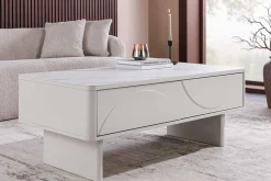 Design Couchtisch SAVOY 120cm kaschmir weiß Keramik Marmor mit Schubladen