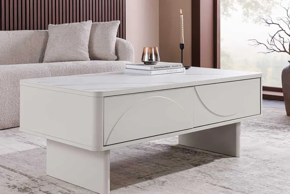 Design Couchtisch SAVOY 120cm kaschmir weiß Keramik Marmor mit Schubladen