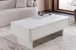 Design Couchtisch SAVOY 120cm kaschmir weiß Keramik Marmor mit Schubladen