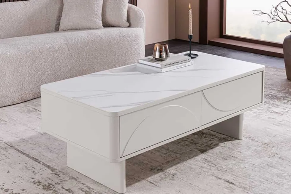 Design Couchtisch SAVOY 120cm kaschmir weiß Keramik Marmor mit Schubladen