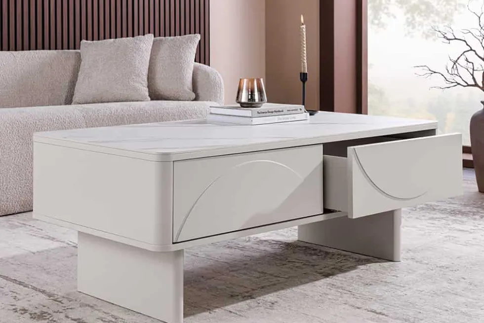 Design Couchtisch SAVOY 120cm kaschmir weiß Keramik Marmor mit Schubladen