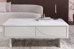 Design Couchtisch SAVOY 120cm kaschmir weiß Keramik Marmor mit Schubladen