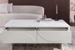Design Couchtisch SAVOY 120cm kaschmir weiß Keramik Marmor mit Schubladen