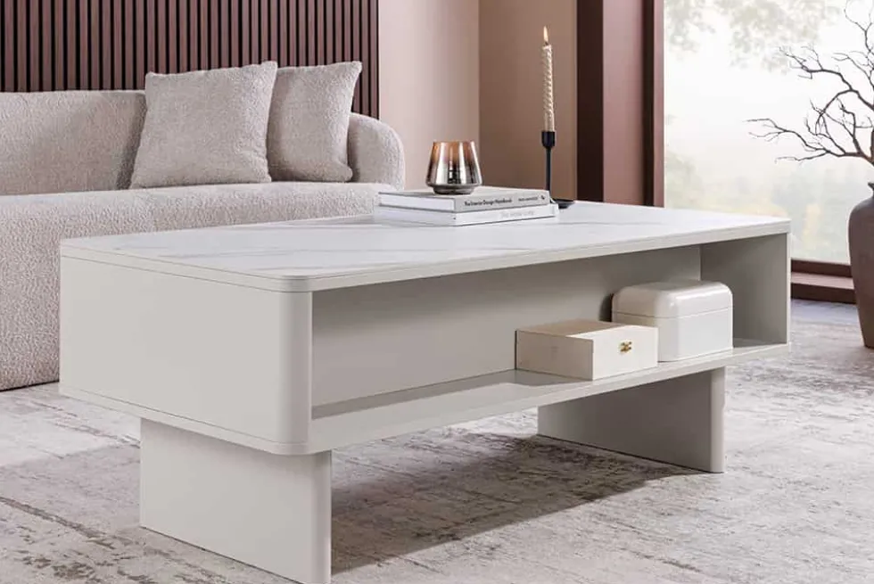 Design Couchtisch SAVOY 120cm kaschmir weiß Keramik Marmor mit Schubladen