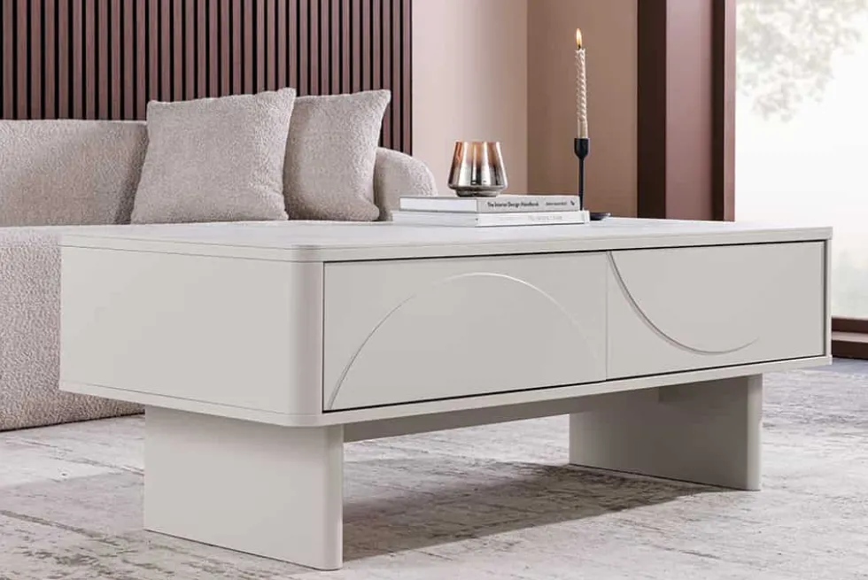 Design Couchtisch SAVOY 120cm kaschmir weiß Keramik Marmor mit Schubladen