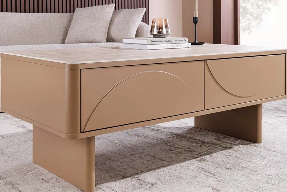 Design Couchtisch SAVOY 120cm grau beige greige Keramik Travertin mit Schublade