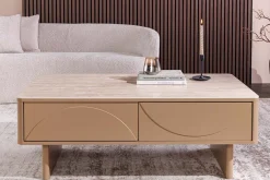 Design Couchtisch SAVOY 120cm grau beige greige Keramik Travertin mit Schublade