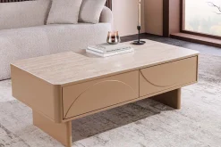 Design Couchtisch SAVOY 120cm grau beige greige Keramik Travertin mit Schublade