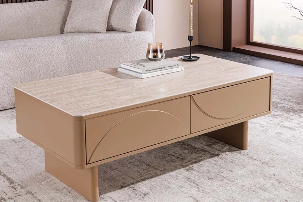 Design Couchtisch SAVOY 120cm grau beige greige Keramik Travertin mit Schublade