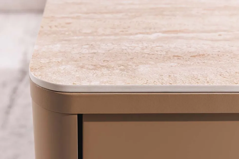 Design Couchtisch SAVOY 120cm grau beige greige Keramik Travertin mit Schublade