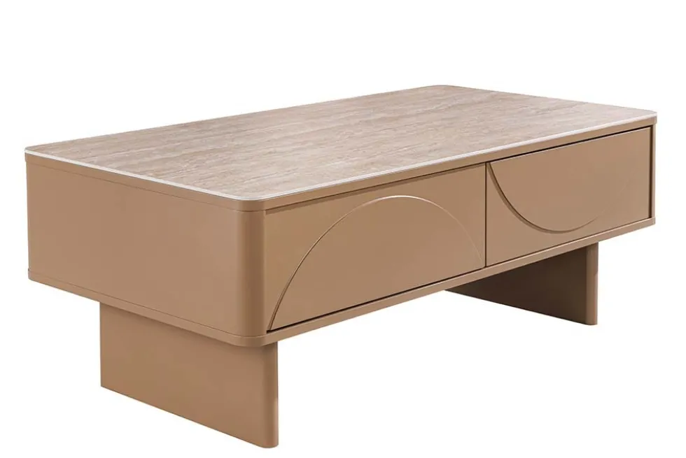 Design Couchtisch SAVOY 120cm grau beige greige Keramik Travertin mit Schublade