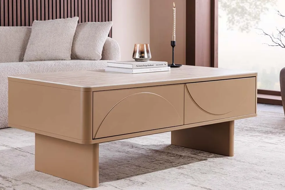 Design Couchtisch SAVOY 120cm grau beige greige Keramik Travertin mit Schublade