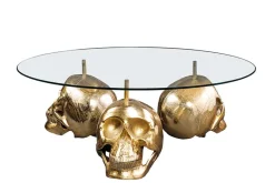 Design Couchtisch SKULL XXL 90cm gold rund Glasplatte Metall Totenkopf handmade