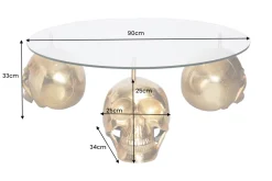 Design Couchtisch SKULL XXL 90cm gold rund Glasplatte Metall Totenkopf handmade