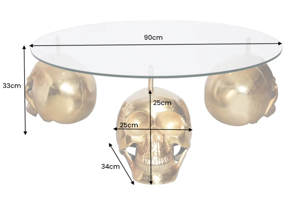 Design Couchtisch SKULL XXL 90cm gold rund Glasplatte Metall Totenkopf handmade