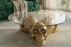 Design Couchtisch SKULL XXL 90cm gold rund Glasplatte Metall Totenkopf handmade