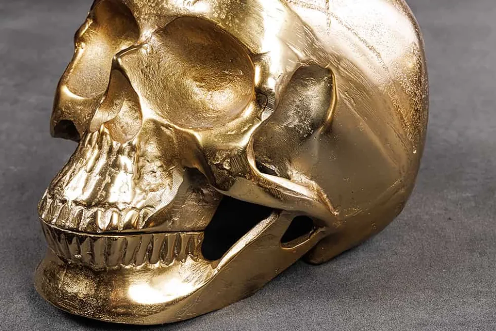 Design Couchtisch SKULL XXL 90cm gold rund Glasplatte Metall Totenkopf handmade