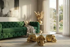 Design Couchtisch SKULL XXL 90cm gold rund Glasplatte Metall Totenkopf handmade
