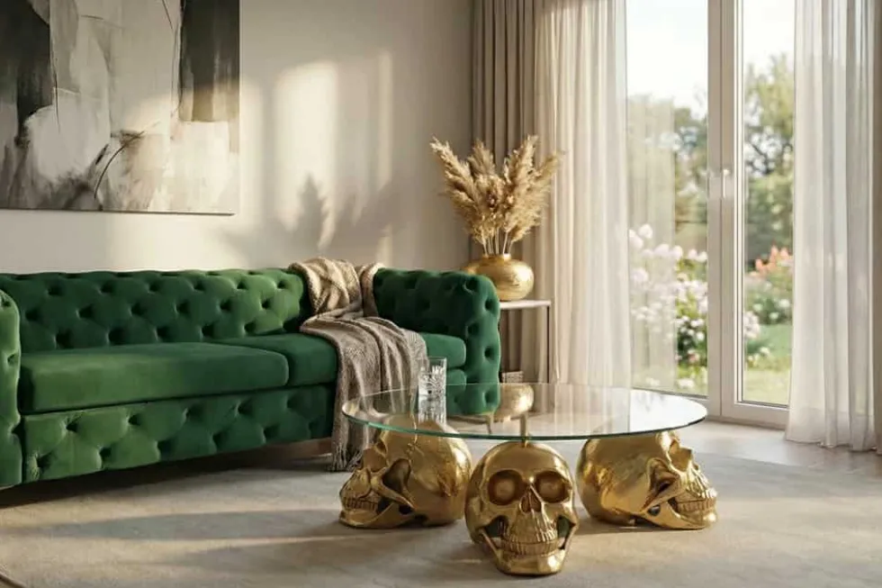 Design Couchtisch SKULL XXL 90cm gold rund Glasplatte Metall Totenkopf handmade