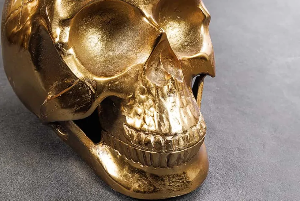 Design Couchtisch SKULL XXL 90cm gold rund Glasplatte Metall Totenkopf handmade