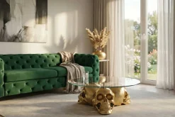 Design Couchtisch SKULL XXL 90cm gold rund Glasplatte Metall Totenkopf handmade