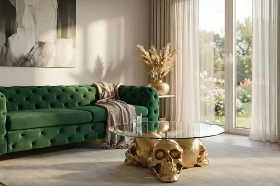Design Couchtisch SKULL XXL 90cm gold rund Glasplatte Metall Totenkopf handmade