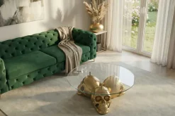 Design Couchtisch SKULL XXL 90cm gold rund Glasplatte Metall Totenkopf handmade