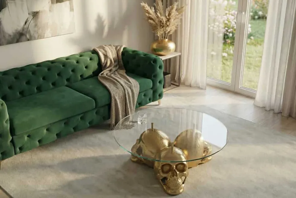 Design Couchtisch SKULL XXL 90cm gold rund Glasplatte Metall Totenkopf handmade
