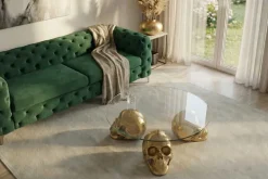 Design Couchtisch SKULL XXL 90cm gold rund Glasplatte Metall Totenkopf handmade