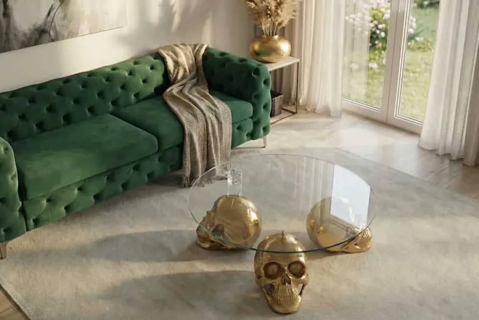 Design Couchtisch SKULL XXL 90cm gold rund Glasplatte Metall Totenkopf handmade