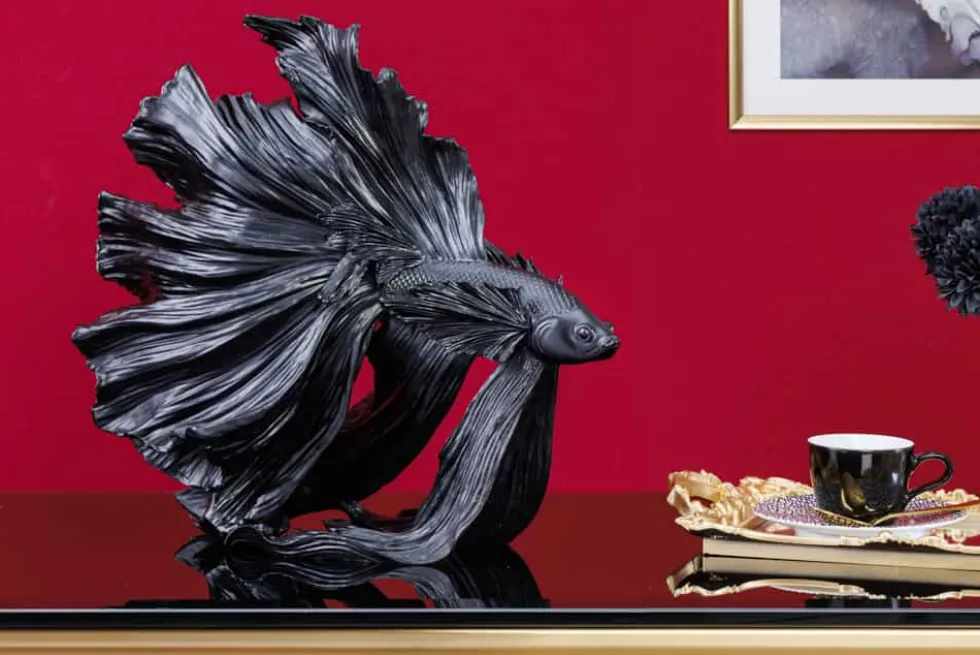Design Deko Figur Kampffisch CROWNTAIL 35cm schwarz Betta Fisch Skulptur