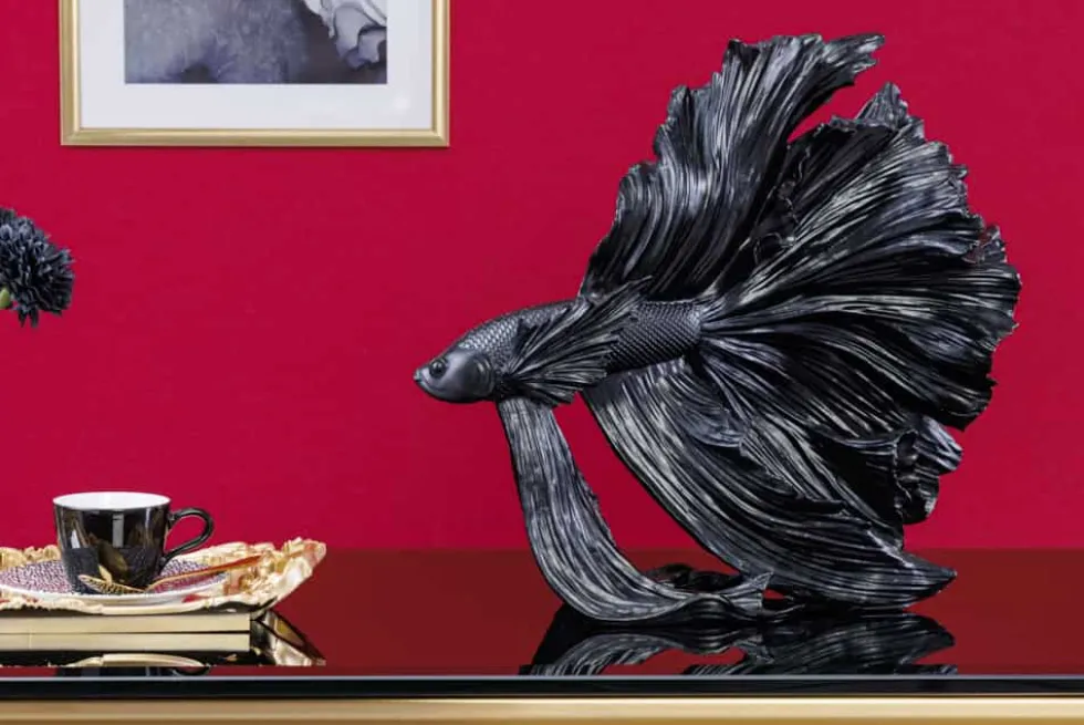 Design Deko Figur Kampffisch CROWNTAIL 35cm schwarz Betta Fisch Skulptur