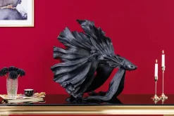 Design Deko Figur Kampffisch CROWNTAIL 65cm schwarz Betta Fisch Skulptur