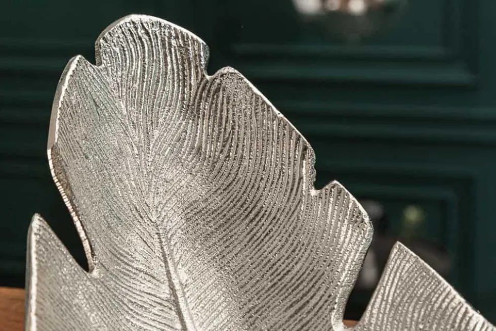 Design Deko Schale SILVER LEAF 65cm silber Blatt Design Metall Handarbeit