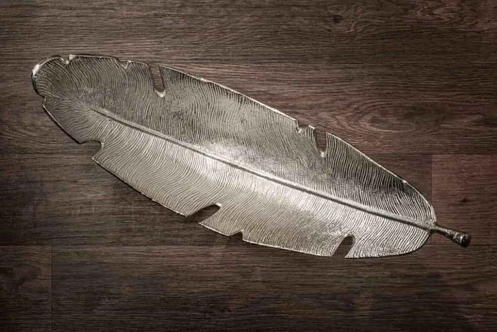 Design Deko Schale SILVER LEAF 65cm silber Blatt Design Metall Handarbeit