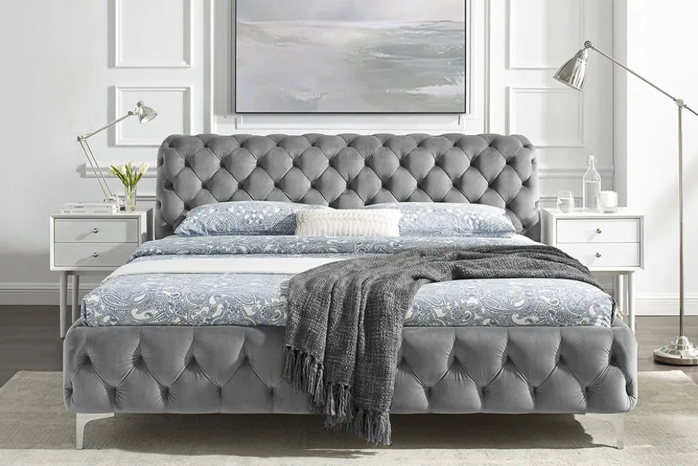 Design Doppelbett MODERN BAROCK 180x200cm grau Samt Chesterfield