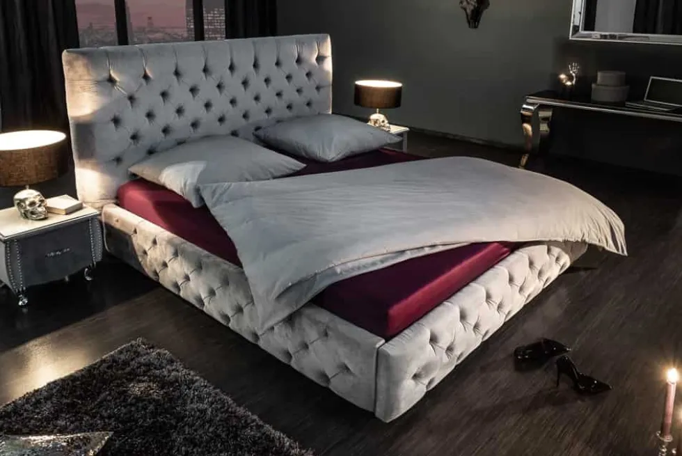 Design Doppelbett PARIS 180x200cm silber grau Samt Chesterfield