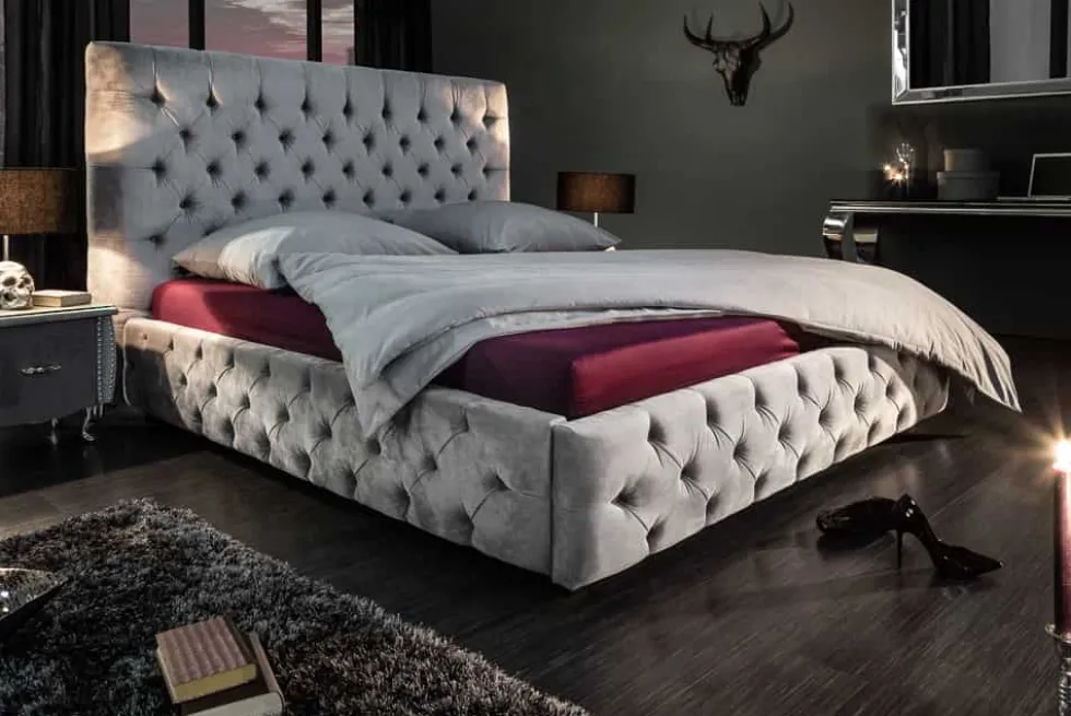 Design Doppelbett PARIS 180x200cm silber grau Samt Chesterfield