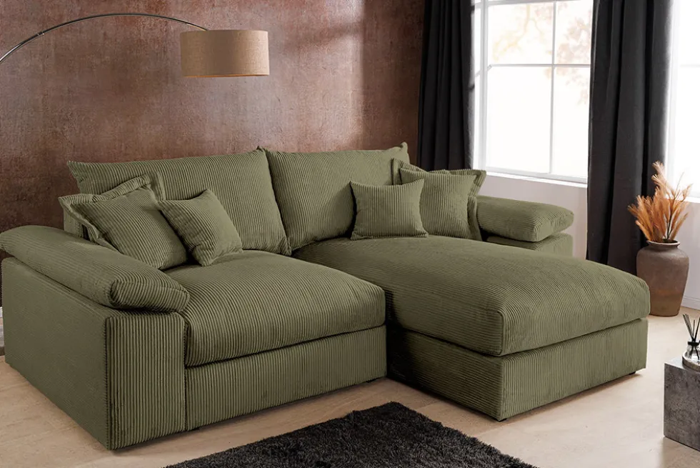 Design Ecksofa ATMOSPHERE XL 245cm grün Cord Federkern inkl. Kissen