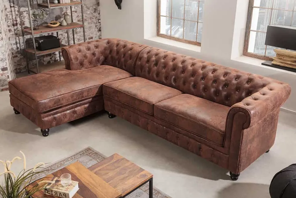 Design Ecksofa CHESTERFIELD 270cm antik braun Microfaser Federkern Ottomane links Vintage
