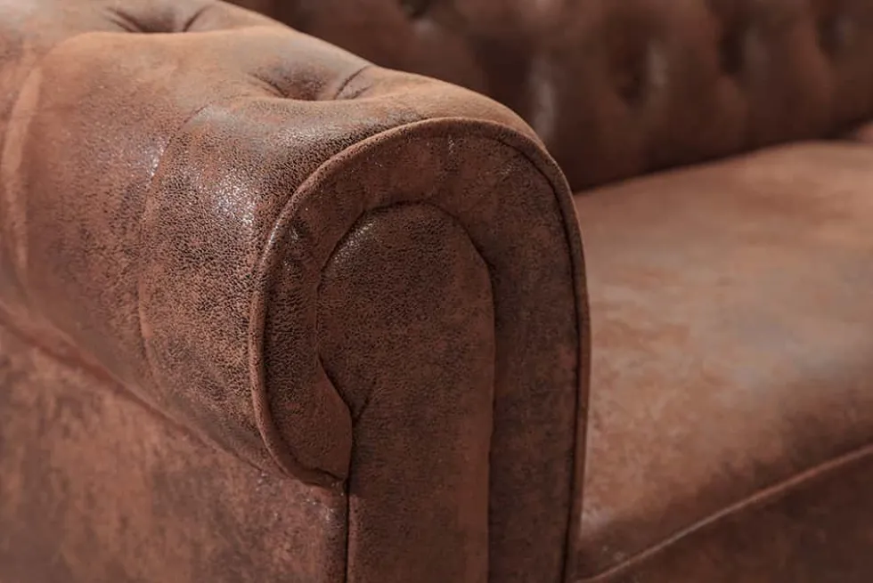 Design Ecksofa CHESTERFIELD 270cm antik braun Microfaser Federkern Ottomane links Vintage